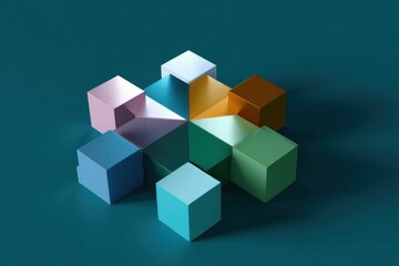 A geometric arrangement of colorful cubes forming a circular pattern on a teal background surface