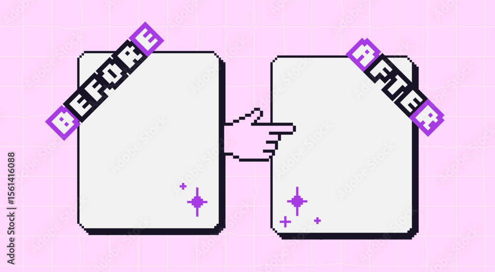 Poster before and after y2k pixel template. retro 8 bit frames for photo comparison. competition layout bor