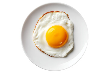 Sunny-side up fried egg with crisp edges on white plate, from above on white transparent background, breakfast simplicity.