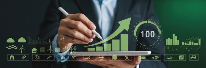 A person uses a tablet to visualize upward business growth.