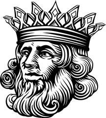 A king wearing a medieval crown, mascot head or face. Original illustration in a vintage woodcut style.