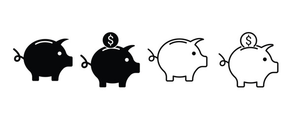 Piggy bank icon set. Piggy bank with a dollar coin symbol. Money box symbol. Saving bank icon. Pig and coin sign. vector illustration.