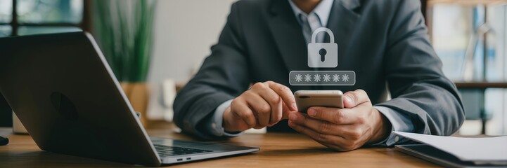 Businessperson using a mobile phone for security access.
