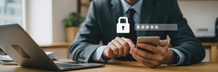 Businessperson enters a password on a mobile phone.