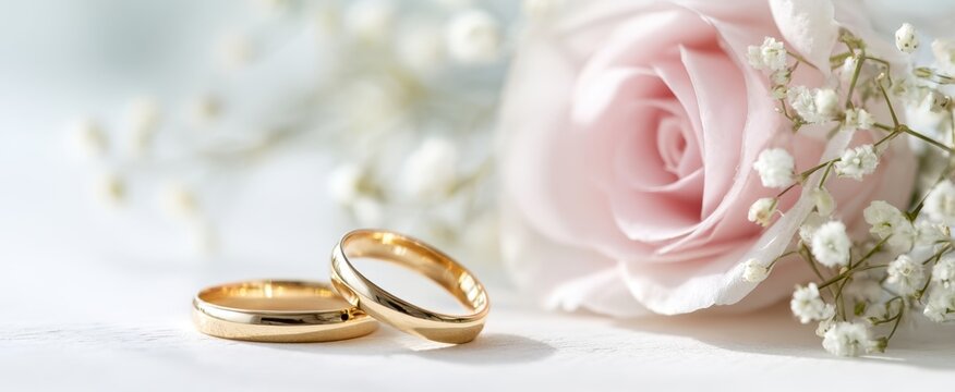 The elegant gold wedding rings beside a beautiful pink rose