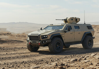 Armored Tactical Combat Vehicle in Desert Terrain Equipped with Heavy Weaponry