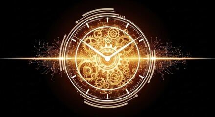 Golden clockwork mechanism with gears and circuit board on black background