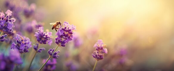 Naklejka premium The bee pollinating lavender flowers in a serene natural setting.