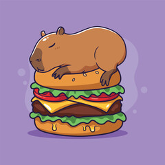 Cute Capybara Sleeping on a Delicious Burger. Vector illustration