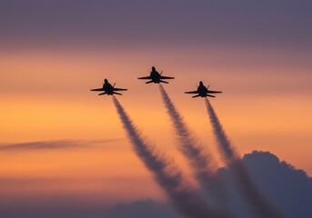 Three Fighter Jets Flying Through the Sunset Sky Leaving Dramatic Smoke Trails
