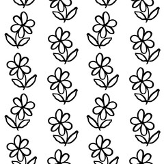 Floral vector pattern featuring simple black flowers with leaves against a white background