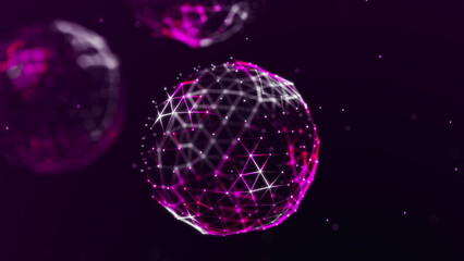 Abstract 3D illustration with cells of viruses, bacteria on dark background. Background with dots and lines. 3D