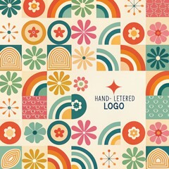 “Playful Abstract Geometric Pattern with Retro Shapes and Colorful Elements – Mid-Century Modern Style Design”