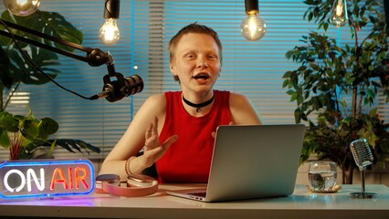Professional Podcast Studio Setup with Microphones and Laptop
