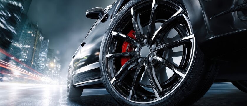 The elegant performance car with striking alloy wheels on a city street at night.