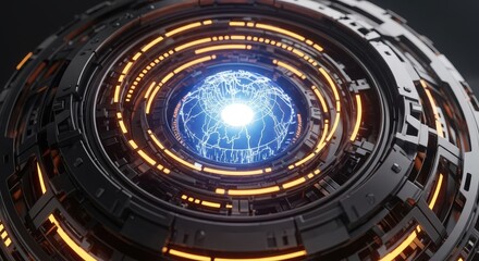 Obraz premium Abstract futuristic sphere with glowing blue core and orange accents