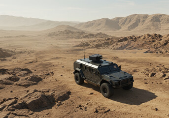 Black Armored Combat Vehicle Driving Through Rocky Desert Terrain on a Military Mission