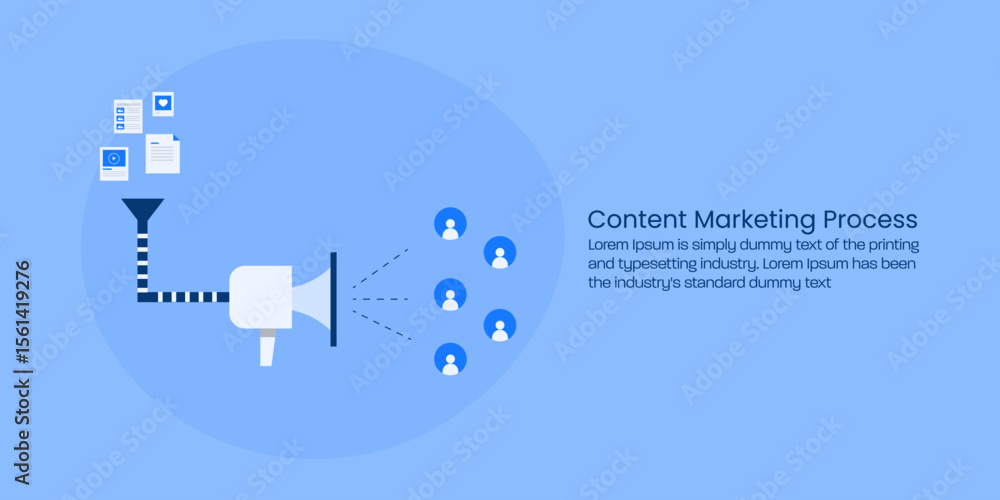 Poster funnel with megaphone display content marketing process, creating content and digital promotion attr