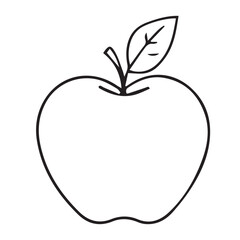 Simple black outline drawing of a single apple with a stem and one leaf on a clean white background