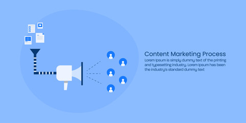 Funnel with megaphone display content marketing process, creating content and digital promotion attracts customers.