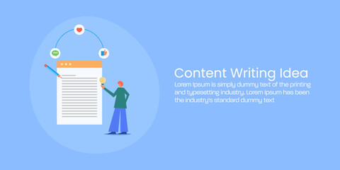 Content writer with glowing bulb in hand standing beside blog content.