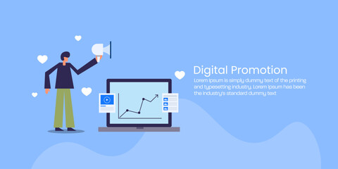 Digital content engagement with social signals, rising graph on laptop signifies growth, marketer amplifies reach.