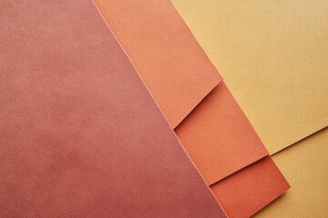 Fototapeta premium A stack of three different colored papers, with the top one being yellow. Designer paper background with a rich velvety matte texture in warm earthy tones like terracotta ochre and cinnamon.
