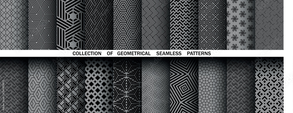 Poster Geometric set of seamless black and gray patterns. Simple vector graphics