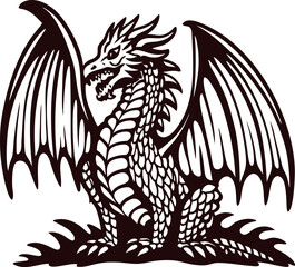 Fierce roaring dragon illustration with detailed scales, claws, and wings in bold black and white tattoo design