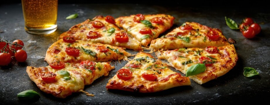 The mouthwatering pizza with fresh tomatoes and basil ready to enjoy. - Powered by Adobe