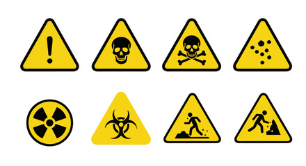 Comprehensive Yellow Warning Hazard Signs Collection.  A diverse set of yellow warning signs: exclamation, skull, biohazard, radiation, falling debris, and uneven ground. Essential for safety.