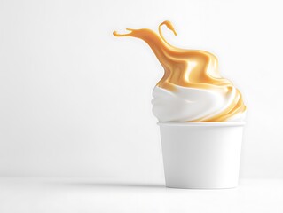 Butterscotch flavor soft serve ice cream on white blank empty paper cup