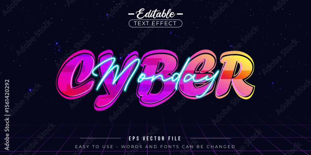 Poster cyber monday neon text with vibrant colors and glowing effects. editable text effect.