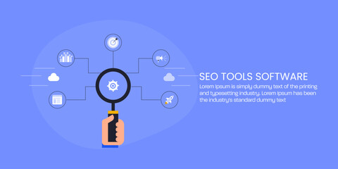 Marketer using SEO tools software, hand holding magnifier connected with digital marketing symbols.