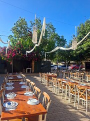 tables and chairs in a restaurant