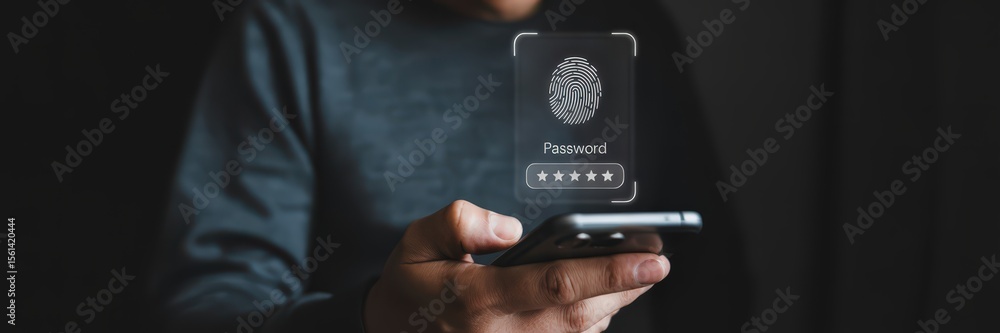 Poster person using a smartphone with a fingerprint login.