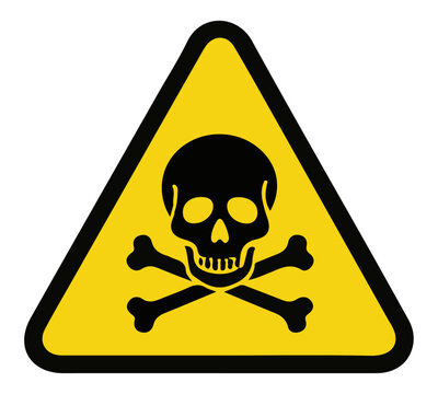 Yellow Skull and Crossbones / Poison Hazard Warning Sign. Yellow triangular warning sign with a black skull and crossbones, indicating poison, toxic substances, or extreme danger