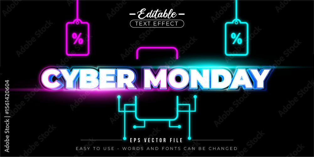 Aufkleber energetic cyber monday text effect with bold futuristic font. editable text effect.
