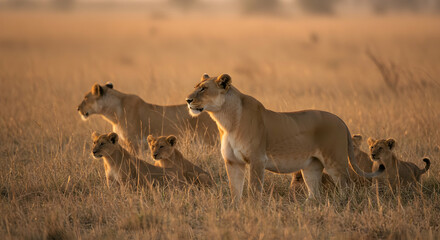 Fototapeta premium African Lion Pride Golden Hour Savannah Sunset Family