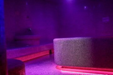 Violet-lit steam room with misty air, mosaic-tiled benches and a glowing heated centerpiece create...