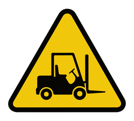 Yellow Warning Triangle with Forklift Icon. Yellow triangular warning sign with a black forklift, symbolizing caution for industrial vehicle operation or material handling areas.