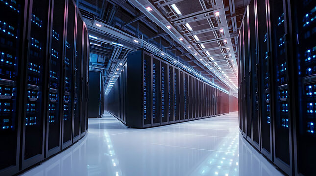 Modern data center with illuminated server racks in a secure server room with blue LED lighting
