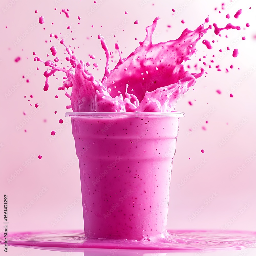 Poster pink smoothie splash: a vibrant pink smoothie explodes from a clear plastic cup, creating a dynamic 