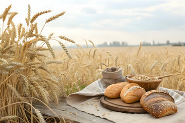 Golden Wheat and Bread: A rustic scene of freshly baked bread sits on a wooden board next to a burlap sack of grains, set against the backdrop of a golden wheat field.