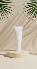 Minimalist Skincare Product Mockup: White Tube on Beige Platform with Palm Leaf Shadows.