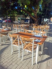 tables and chairs in a restaurant
