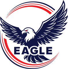 Majestic eagle with wings spread wide and bold text eagle surrounded by red white and blue arcs isolated on transparent background