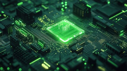 Futuristic High Tech Motherboard Illustration with Central Processing Unit Green Light
