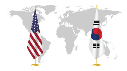USA and South Korea stand flags on world map background. Symbolic of diplomatic relations, unity, and Indo-Pacific cooperation. 3D rendered international concept design.