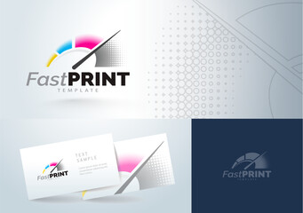 Logo Fast Print. Speedometer colored CMYK. Express printing theme. And Business card. Template design vector.